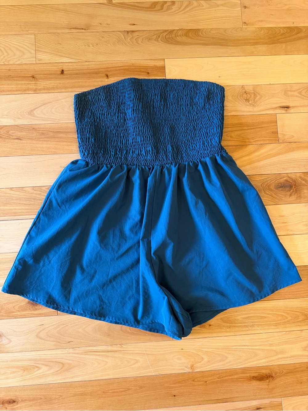Blue Strapless Smocked Romper—Size Large
